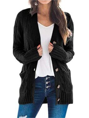 Women's Chunky Cable Knit Cardigan Sweater Long Sleeve Open Front Button Down